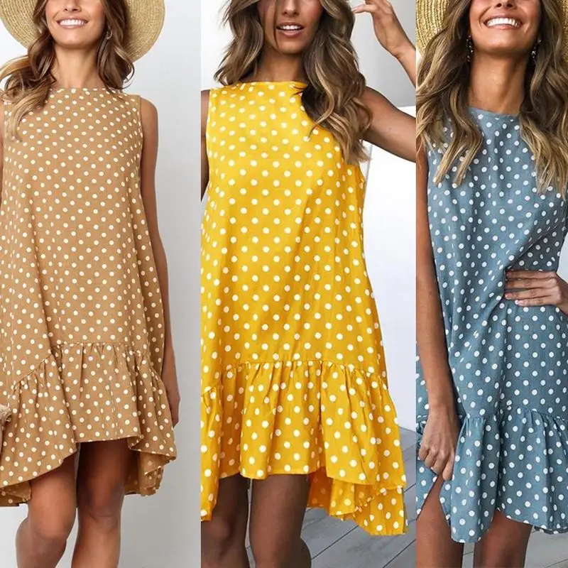 Летнее женское платье без рукавов с оборками в горошек халат богемное пляжное