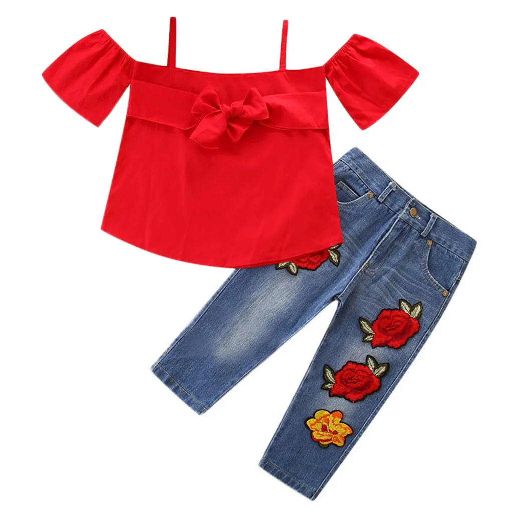 Праздничные красные топы с открытыми плечами и цветочным рисунком для маленьких