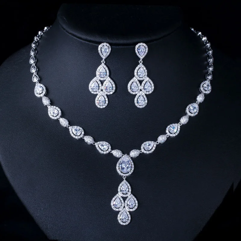 white CWWZircons элегантное белое золото цвет зеленый капли воды кубического циркония кристалл большое свадебное ожерелье серьги набор для невест T285 - Окраска металла: white