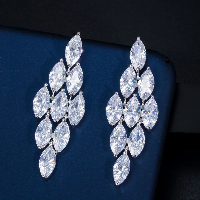 Silver Color CWWZircons потрясающие серьги Marquise Cut с кубическим цирконием из Дубая золотого цвета длинные большие висячие серьги на свадебную вечеринку для женщин CZ570 - Окраска металла: Silver Color