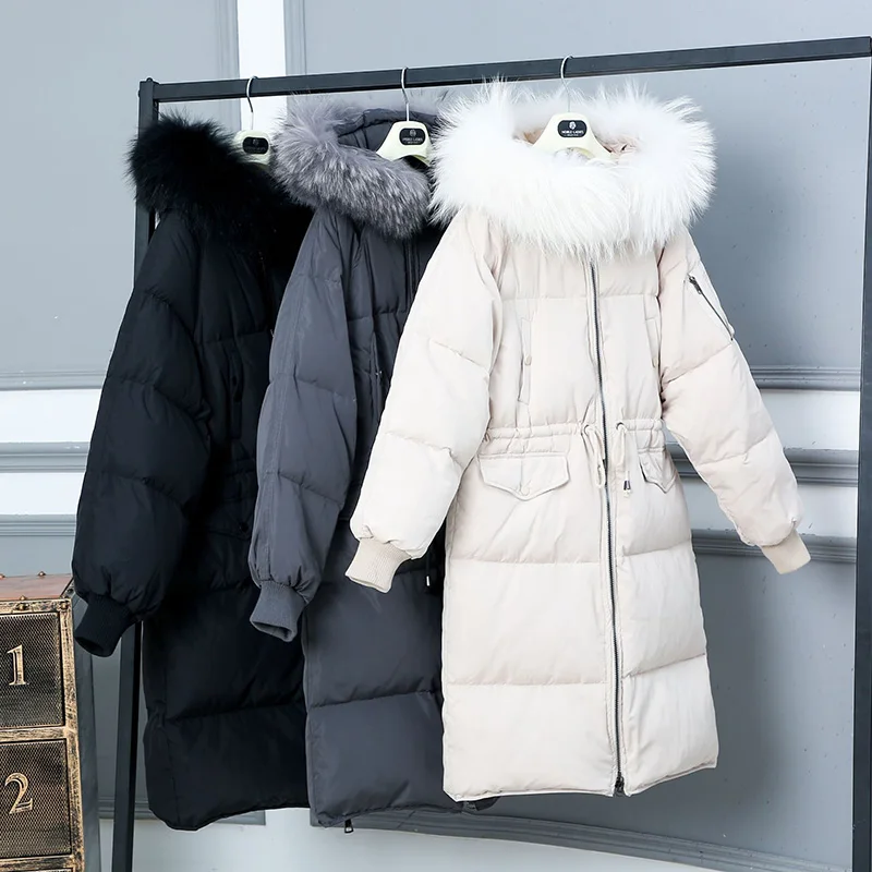 

Женское длинное пуховое пальто, толстая парка с большим мехом, облегающее пуховое пальто для зимы, 2019