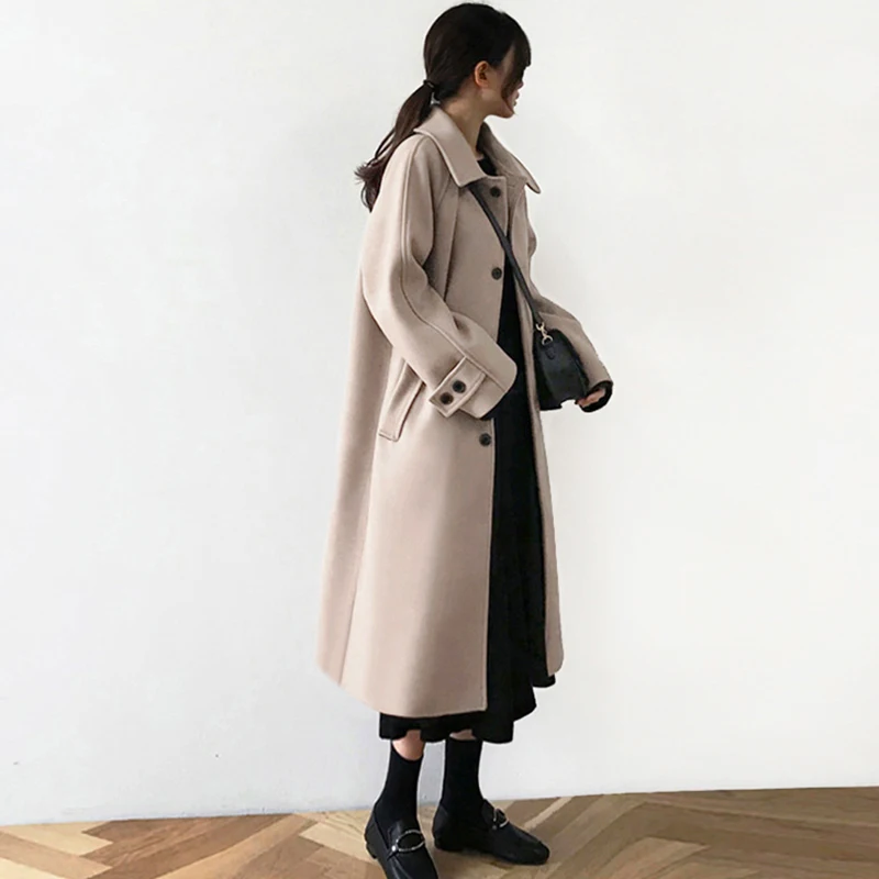 Корейское длинное шерстяное пальто женское свободное куртка для женщин Осень