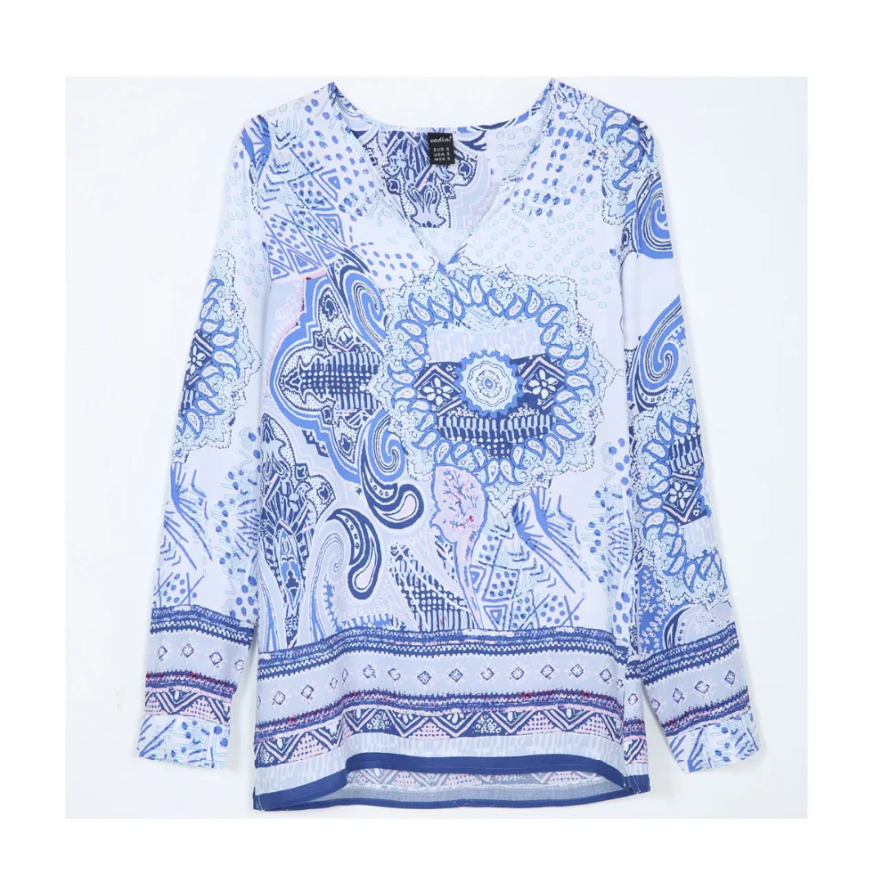 Женские винтажные синие блузки с принтом треугольным вырезом и длинным рукавом