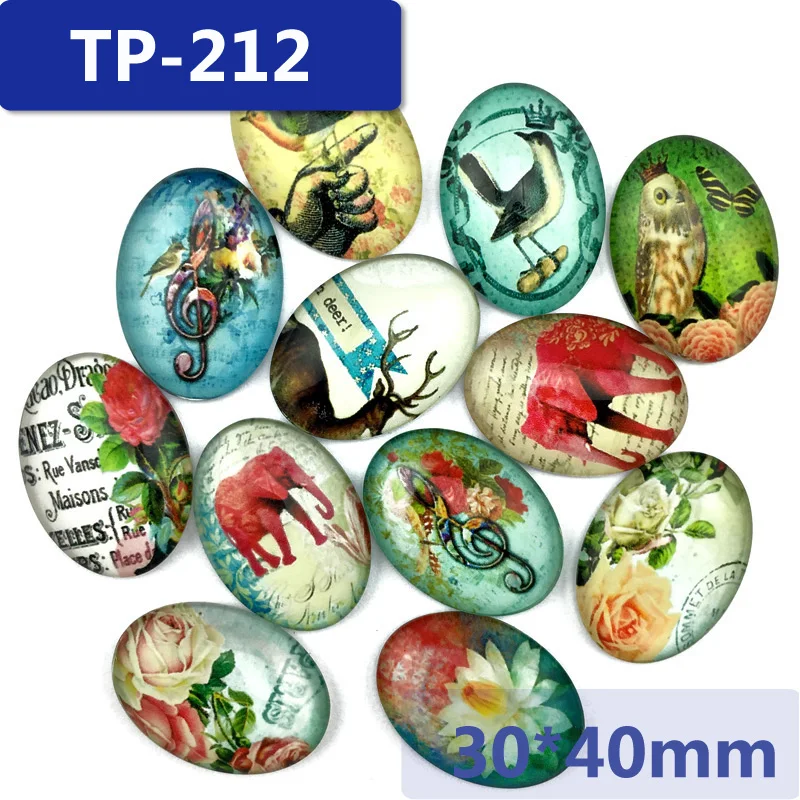 

ZEROUP 30*40mm oval glass cabochon pictures mixed pattern fit base setting for jewelry embellishment flatback 10pcs/lot