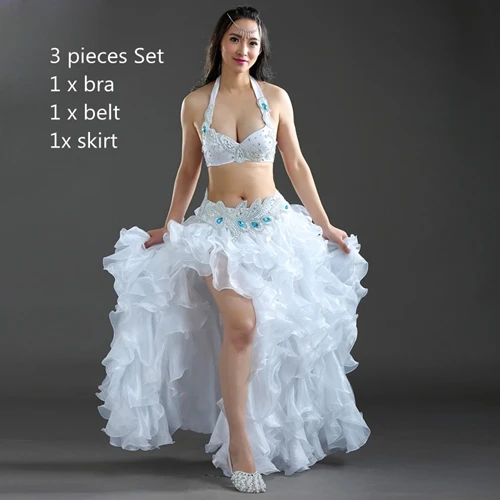 White 3pcs Set Профессиональная Одежда для танцев, костюм для танца живота, комплект с бюстгальтером из бисера, чашка B/C, волнистая юбка, египетские женские костюмы для танца живота - Цвет: White 3pcs Set