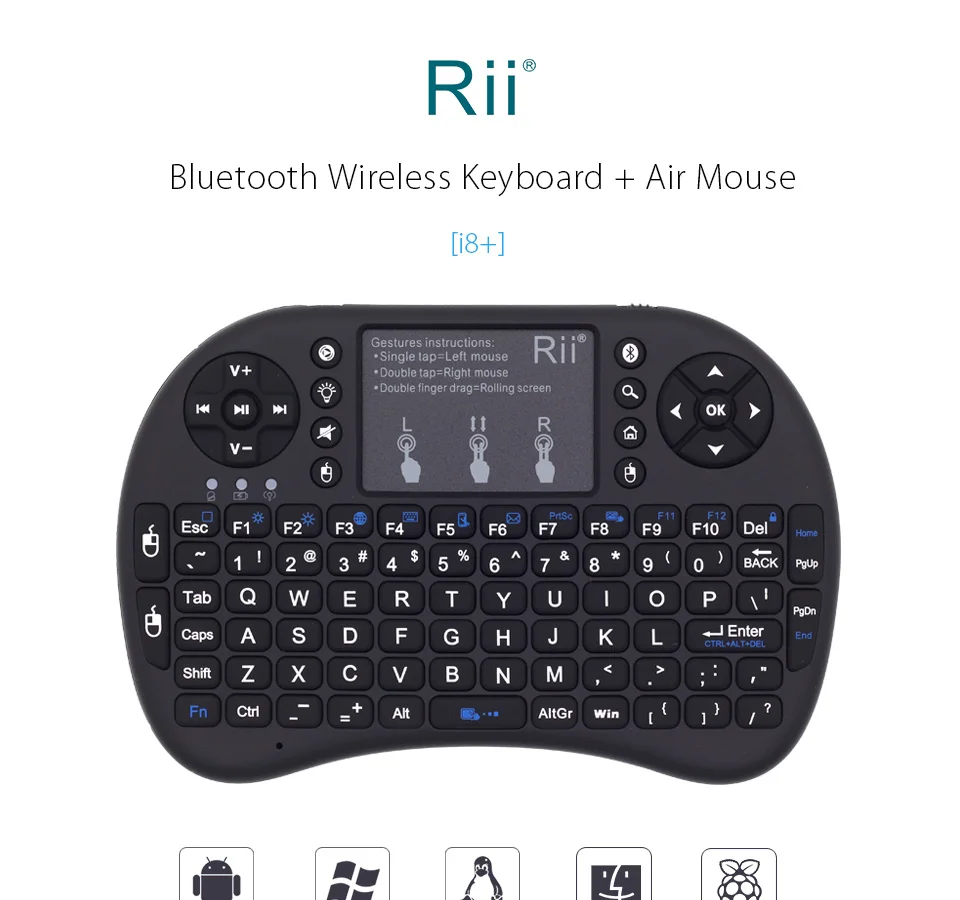 Rii i8+ мини беспроводная bluetooth-клавиатура с подсветкой, Воздушная мышь с тачпадом для Android tv Box, мини-ПК, проекторов, ноутбуков
