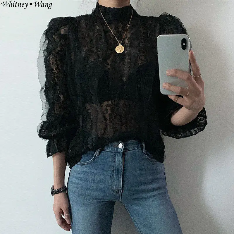WHITNEY WANG 2019 весенне-осенняя модная уличная кружевная блузка с оборками женские