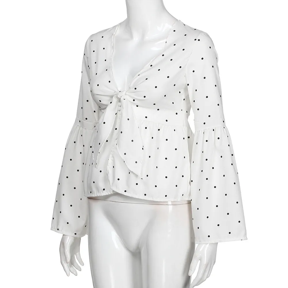 Женская шифоновая блузка в горошек летняя Свободная с оборками и глубоким v