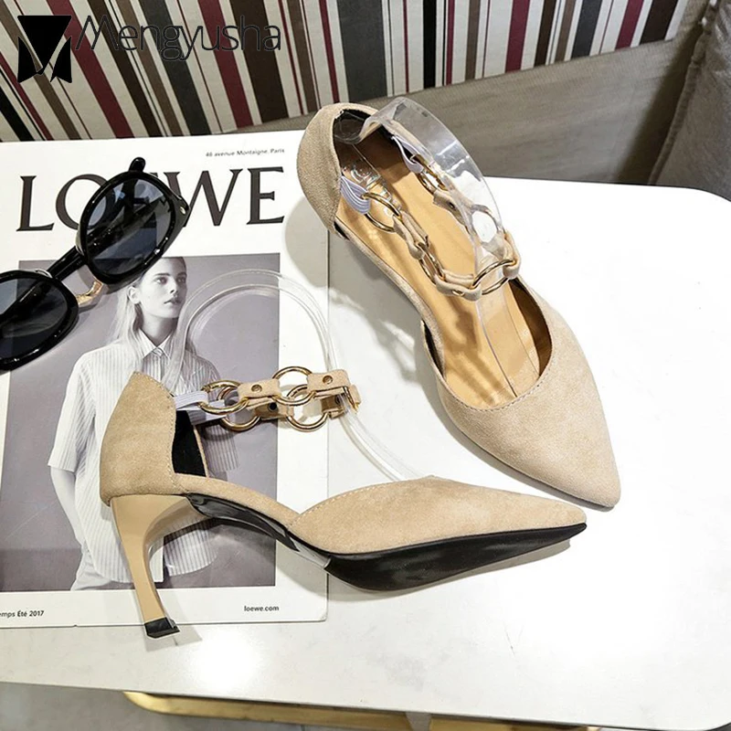 Женские остроконечные лёгкие кожаные туфли на шпильке из велюра с цепочками