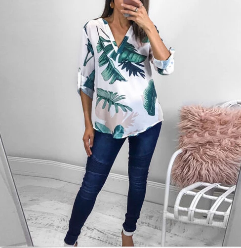 Модная женская цветочная рубашка с V образным вырезом женские повседневные