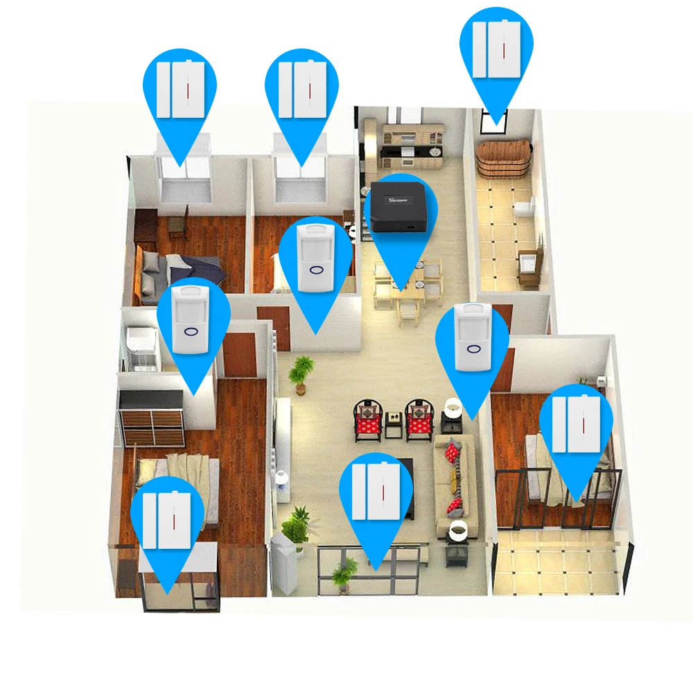 SONOFF RF мост ITEAD 433 МГц Wi-Fi беспроводной коммутационный модуль+ ПИР-сенсор ПИР+ DW1 датчик двери и окна сигнализации для Alexa Google