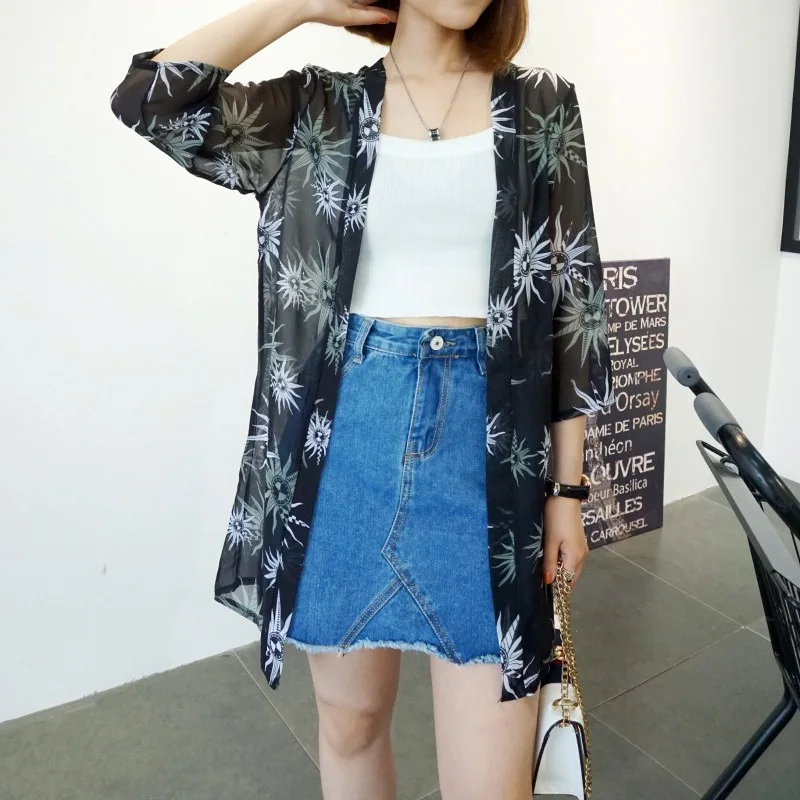 Модная женская рубашка с длинным рукавом Blusas куртка длинная свободная повседневная Sunblock укороченный шифоновый кардиган с принтом кимоно