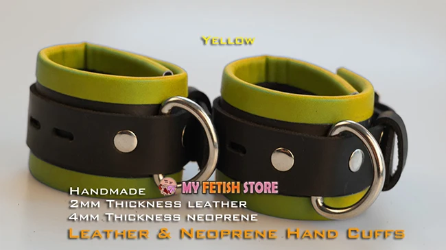 

(RD1111)Luxury Customize Handmade 2mm Thickness Leather 4mm Thickness Neoprene Handcuffs Yellow Hand-wear Fetish Wear