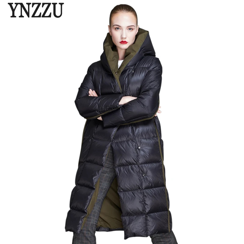 YNZZU European New Winter Duck Down Jacket Women Elegant long Thick Warm with Hooded Female Snow Overcoat High Quality AO685 | Женская