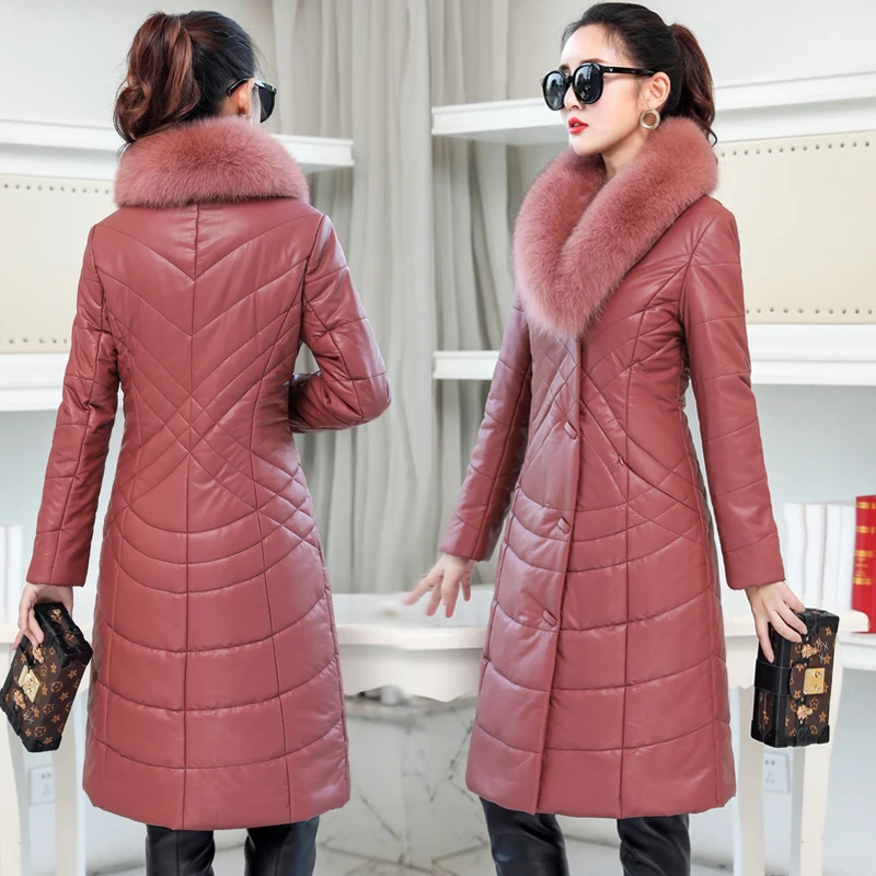 Зимние пуховики для женщин 2018 Высококачественная кожаная куртка пальто плотный