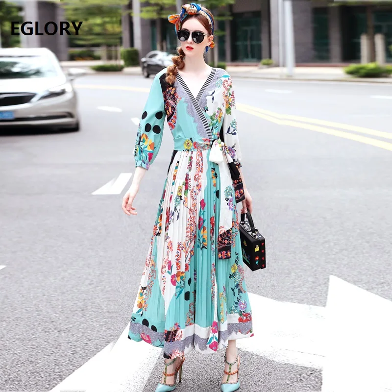 

Elegant Long Dress for Women New Fashion 2018 Autumn Winter Ladies Sexy V-Neck Chic Print Three Quarter Sleeve Party Maxi Dress