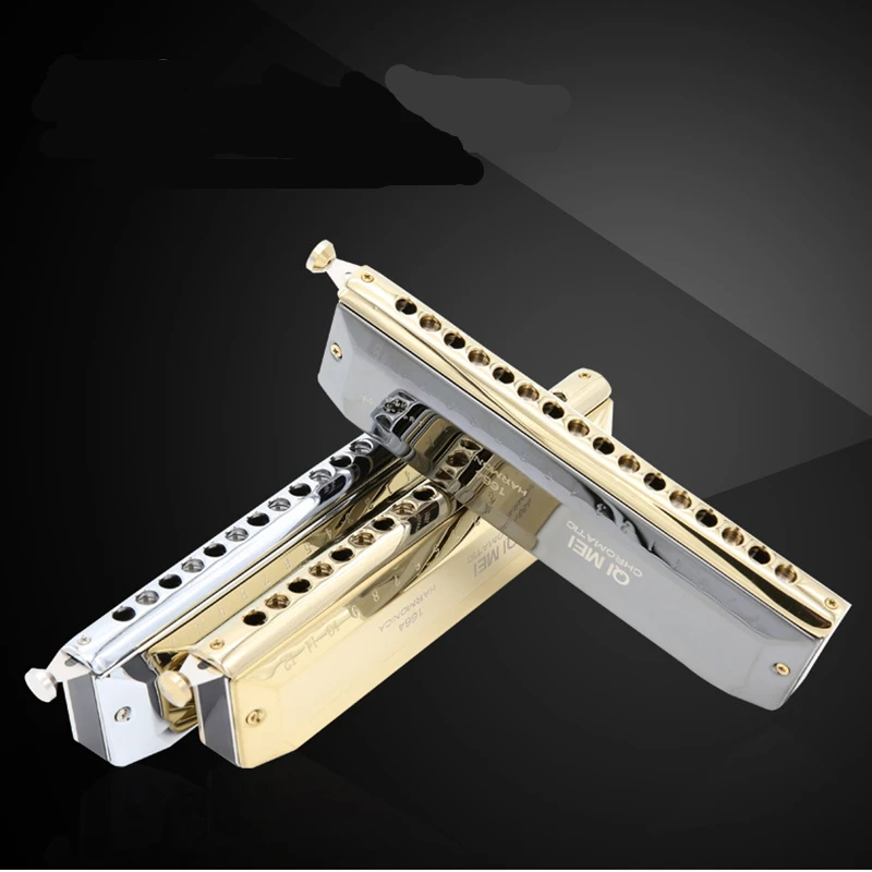 

High-end Chromatic Harmonica 16 Holes 64 Tones Gold Black Sliver Laser Proceeded Woodwind Musical Instrument QiMei Harp QM1664