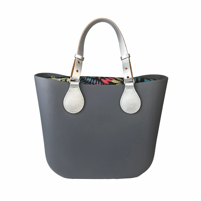 Mini Grey Мини размер цветочный холст вставка плоская ручка O Сумка Стиль obag Водонепроницаемый EVA Женская резиновая силиконовая сумка - Цвет: Mini Grey