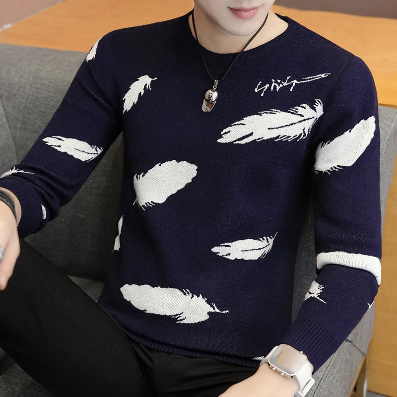 Новинка, красивый мужской свитер с принтом, Новое поступление, теплый мужской пуловер с длинным рукавом, облегающие мужские вязаные свитера MY618