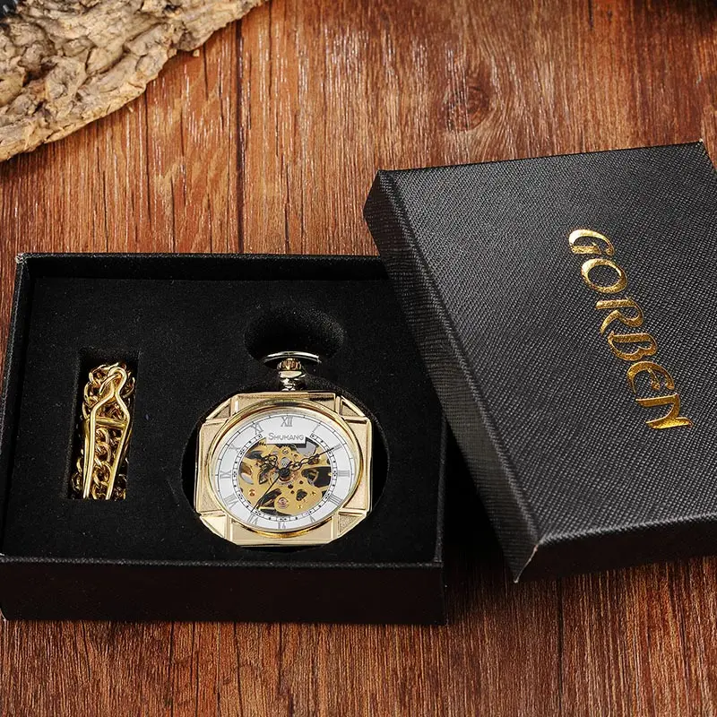 Gold With Box Винтажные Роскошные скелетные стимпанк Механический карманные часы прозрачные стеклянные Золотые римские цифры Циферблат Мужские Женские брелоки цепи часы - Цвет: Gold With Box