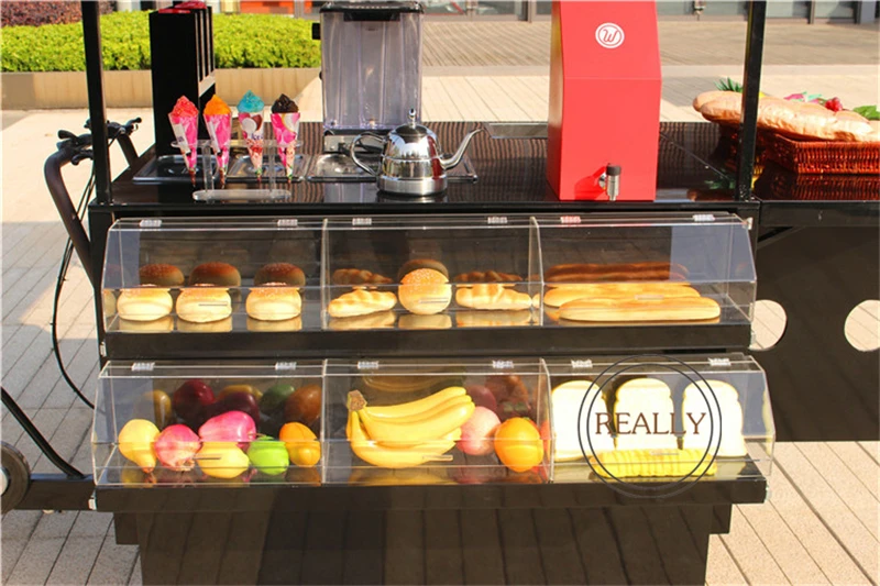 

Mobile pedal/electric cake tricycle beer kiosk food shop frying hot dog trike fruit coffee bike