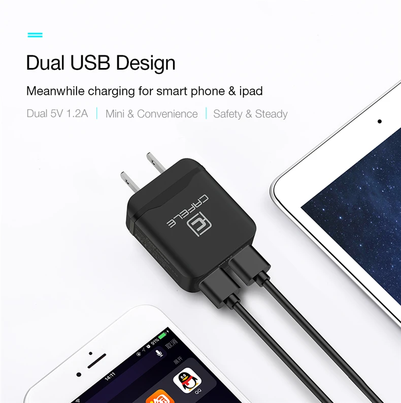 Cafele US Plug Dual USB зарядное устройство DC 5 В 2.4A 12 Вт зарядное устройство для мобильного телефона Зарядка для iPhone X XS Max iPad для samsung huawei Xiaomi