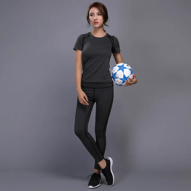 Gray 2 Pcs Set OLOEY, сексуальный комплект для йоги, спортивная одежда для женщин, футболка+ штаны для спортзала, дышащая одежда для тренировок, сжатые Леггинсы для йоги, спортивный костюм - Цвет: Gray 2 Pcs Set