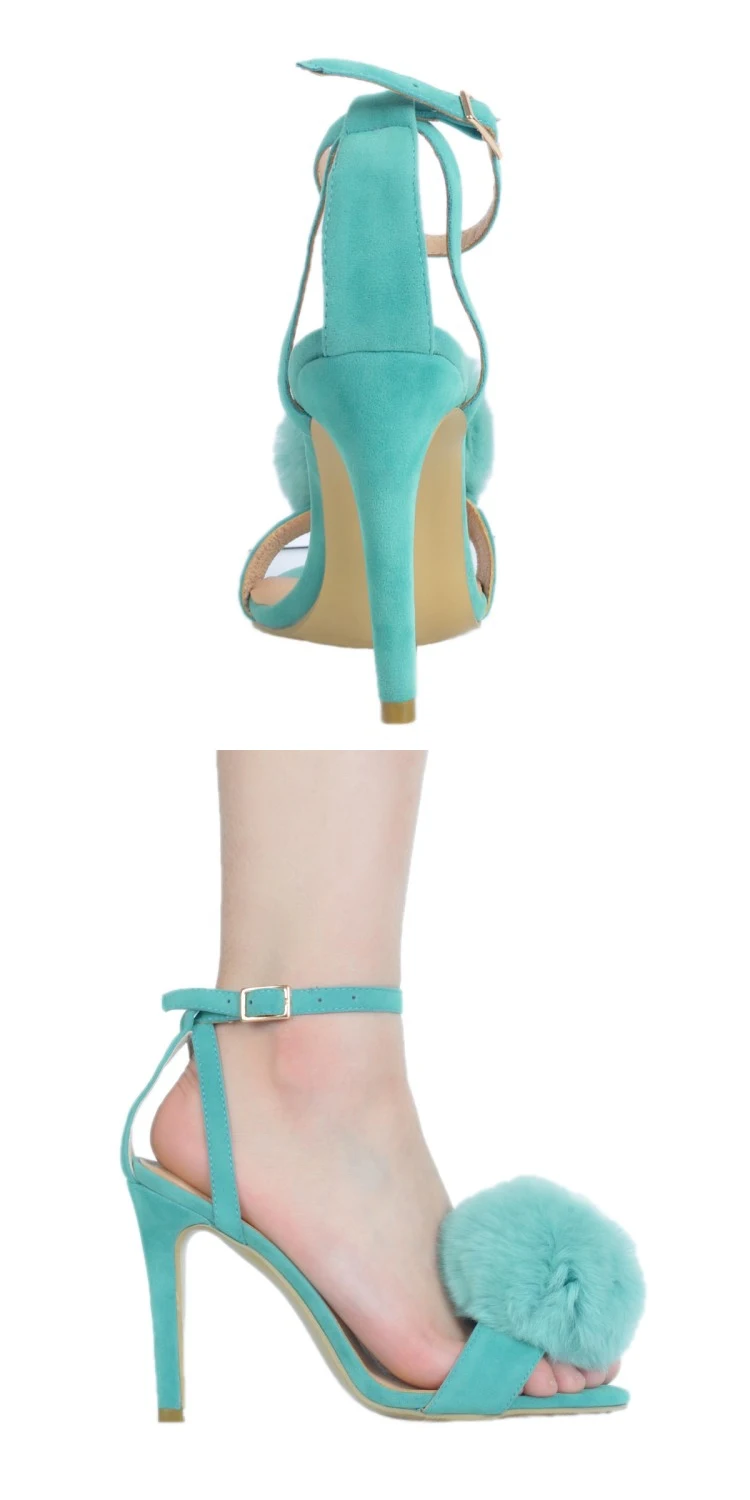Fashion Turquoise Color Sweet Fur Ball Designer Hairball High Heel Sandals Women Ankle Strap Thin High Heel Dress Shoes Party