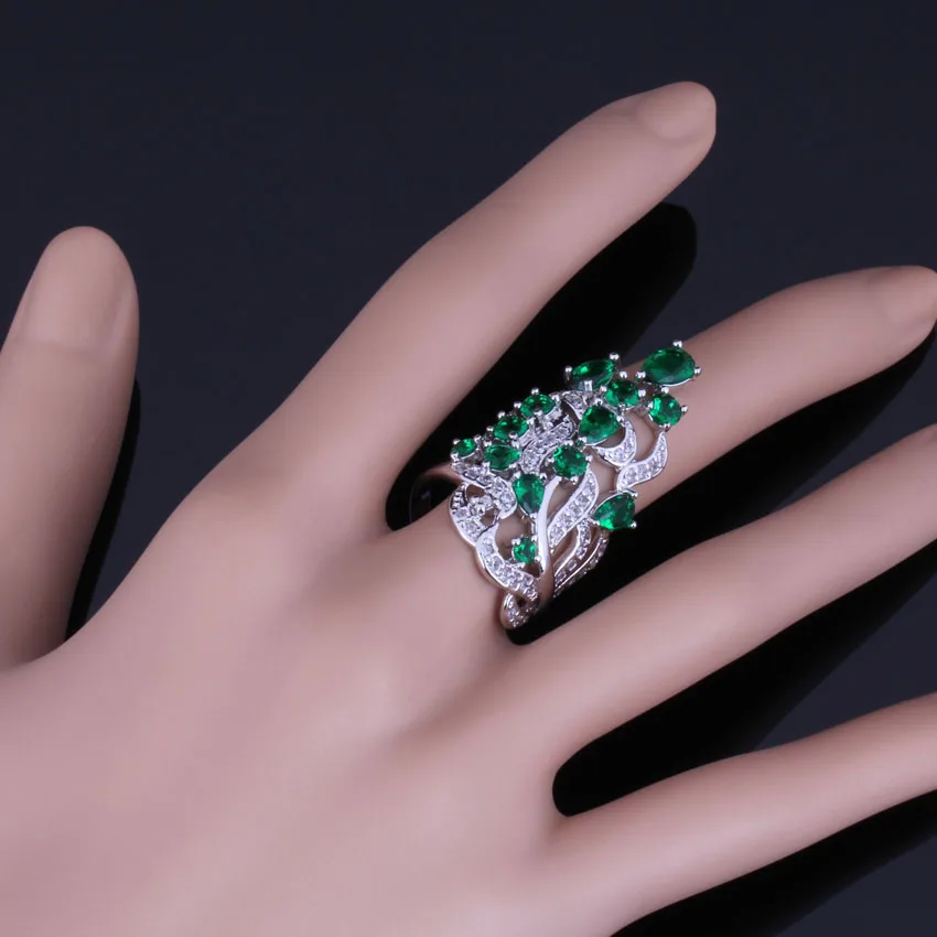 Glittering Huge Plant Green Cubic Zirconia White CZ Silver Plated Ring V0526 | Украшения и аксессуары