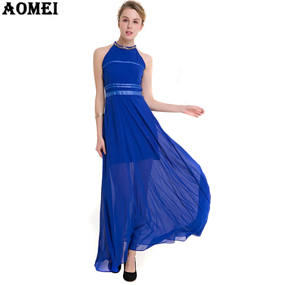 Женское шифоновое макси платье красного и синего цвета с блестками украшения