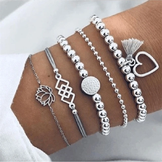 Lotus Heart Tassel Ювелирные изделия в стиле бохо, браслеты и браслеты для женщин, богемные винтажные браслеты из бисера, набор для женщин, модные Многослойные аксессуары, бижутерия - Окраска металла: Lotus Heart Tassel