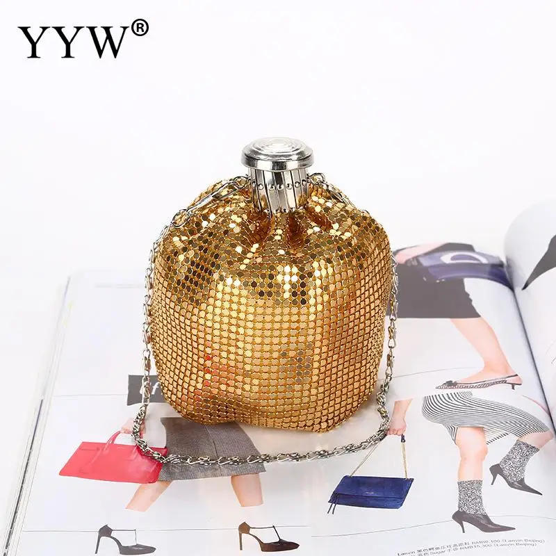 gold Серебристая алюминиевая сумка-мешок, клатч с цепочкой, роскошные сумки, женские сумки, дизайнерские черные свадебные сумки, женская мини-сумка - Цвет: gold