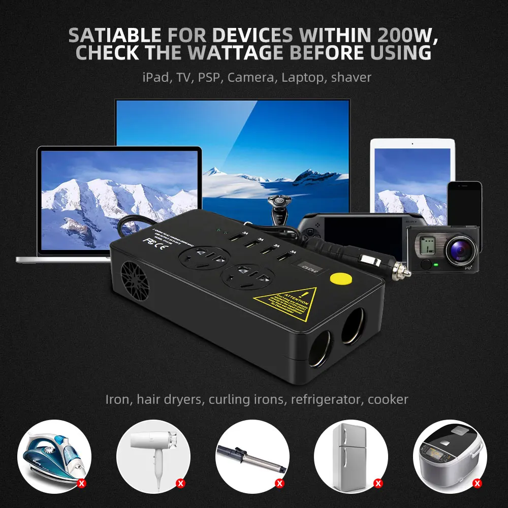 Автомобильный инвертор 200 Вт автомобильный постоянного тока 12 В в переменный ток