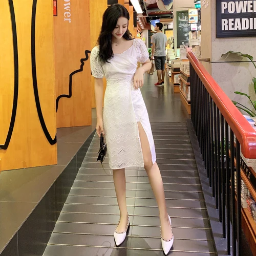 Летнее кружевное женское платье с коротким рукавом и v-образным вырезом