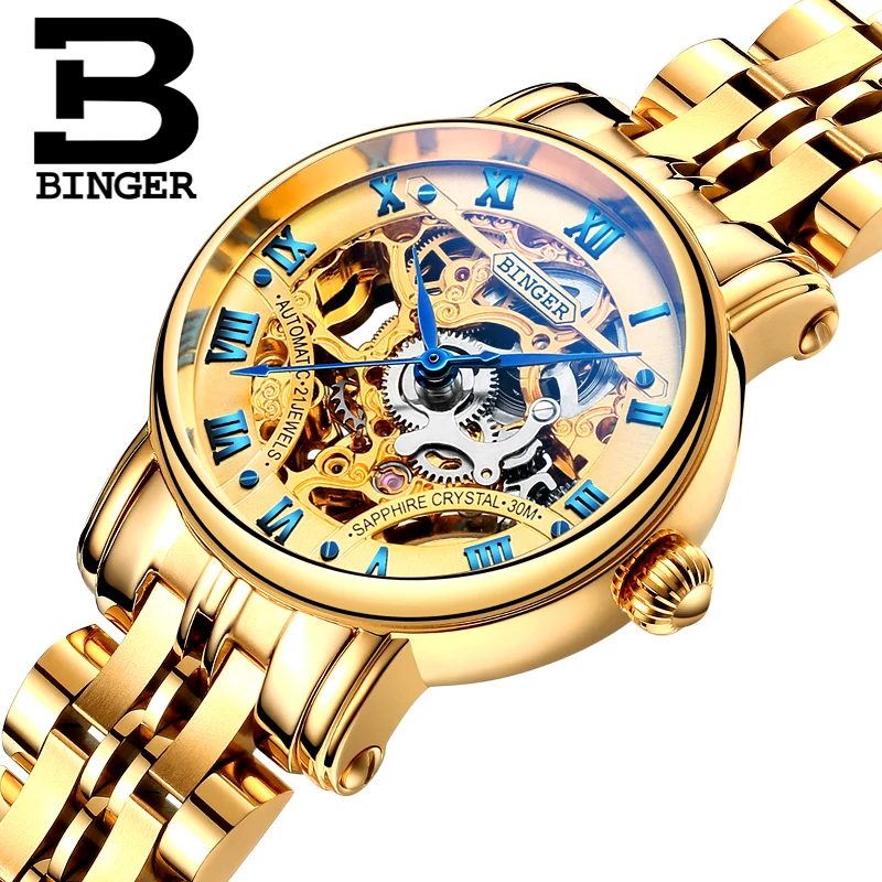 Switzerland luxury Women's watches BINGER brand Double Skeleton Mechanical Wristwatches sapphire Stainless Steel clock B-5066L3