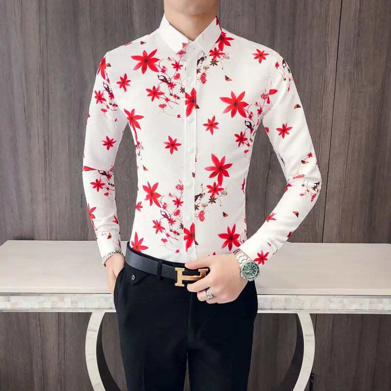 Новый Для мужчин рубашка Цветочный принт с длинным рукавом Повседневное узкого