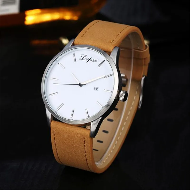 Мужские наручные часы популярные низкие минималистичные кварцевые с кожаным