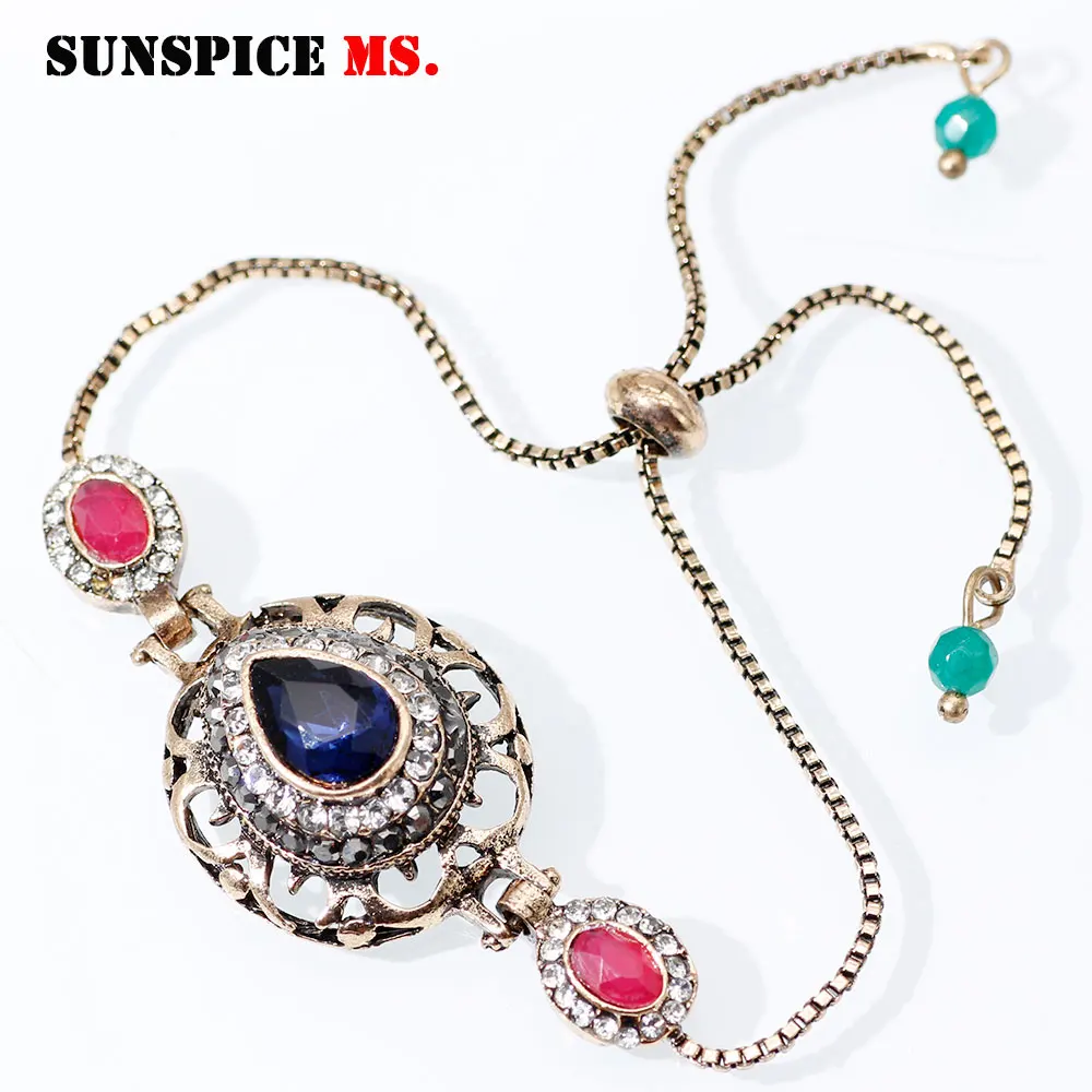 ll0002bluered SUNSPICE MS vintage hollow flower sliding bracelet Dubai women wedding jewelry antique gold color adjustable wrist chain - Окраска металла: ll0002bluered
