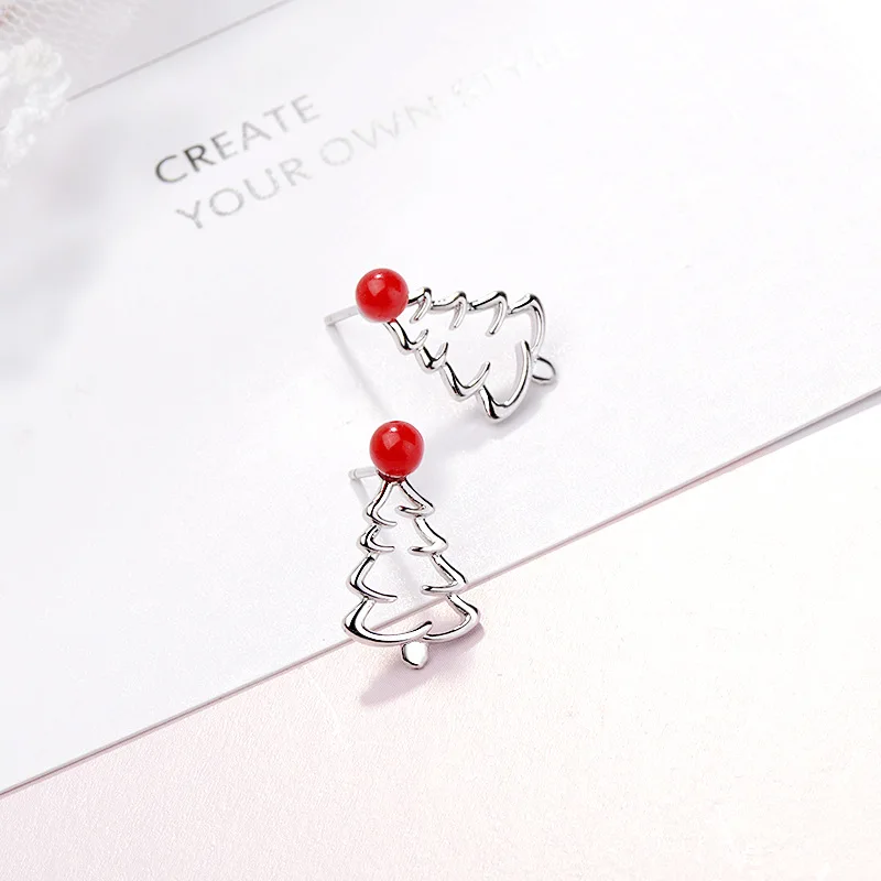 FENGLI полая елка серебристого цвета с красным бисером корейские сережки-шпильки