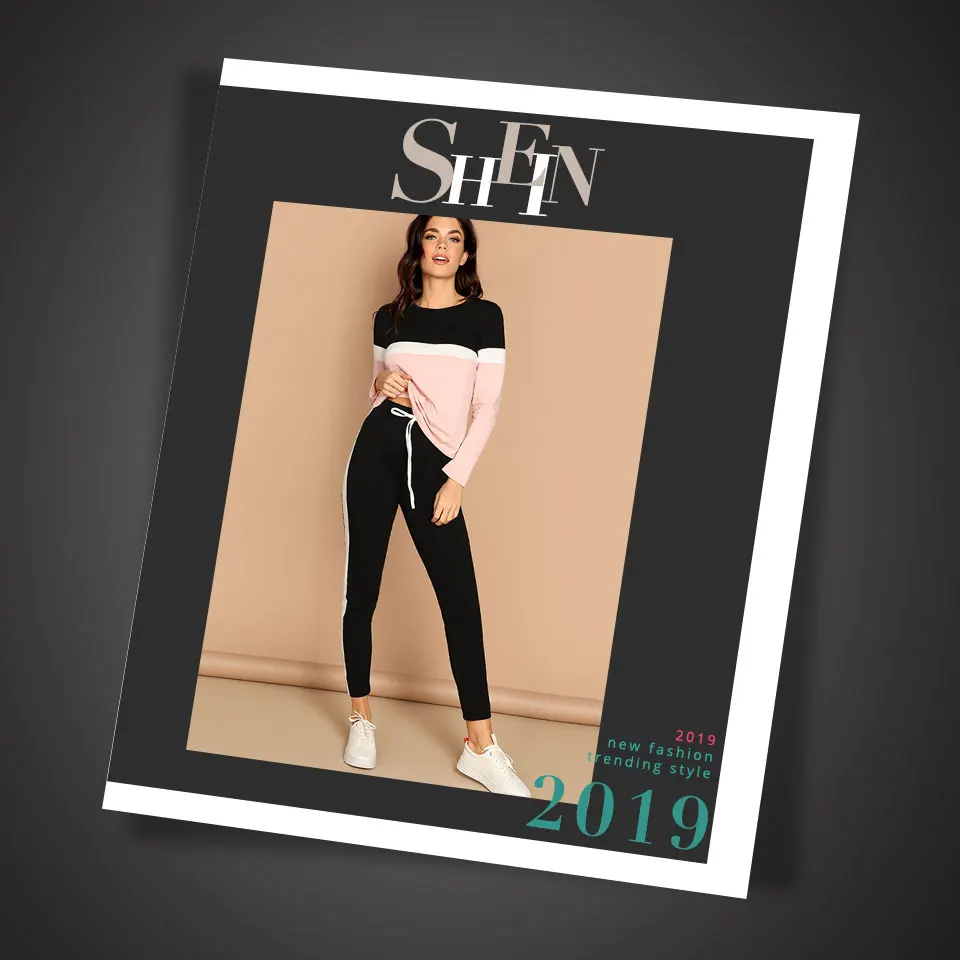 SHEIN Контрастный Топ И Брюки Комплект Женский Весенний Многоцветный Спортивный Топ С Длинными Рукавами И Брюки Комплект
