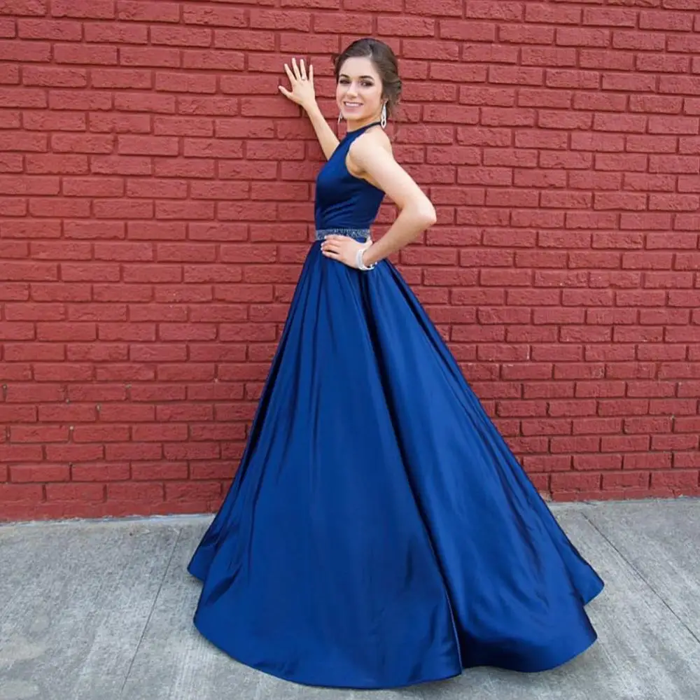 HONGFUYU Elegant Satin Halter Ball Gown Prom Dresses Long Beaded Belt Formal Occasion Gowns Party with Pockets Evening | Свадьбы и