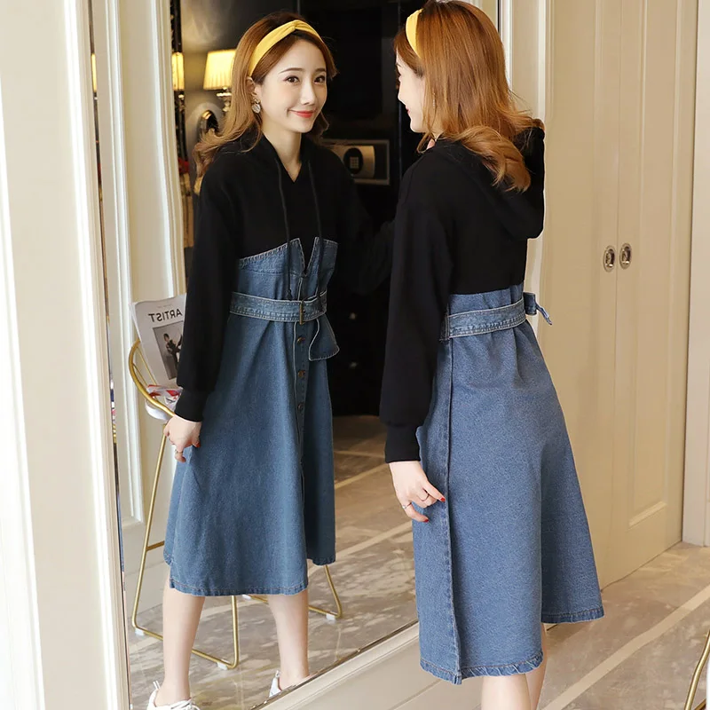 Весенне осеннее женское джинсовое платье 2020 Новинка плюс размер с длинным