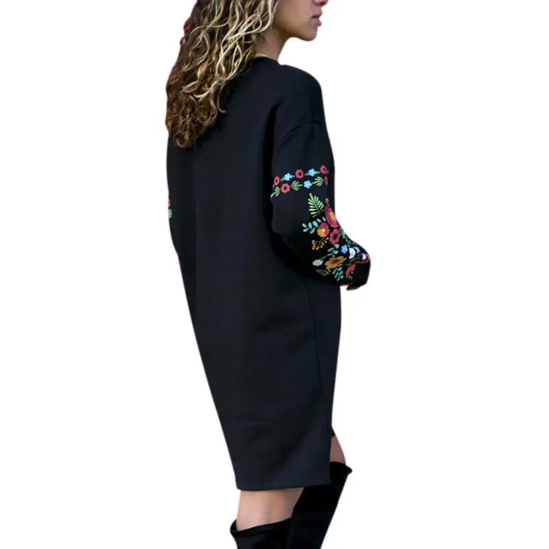 Women Sexy Print Flower Autumn Winter O-Neck Plus Size Loose Long Sleeve Slim Stretch Dress | Женская одежда