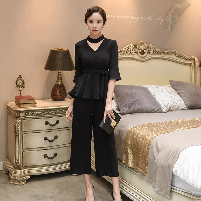 Женский офисный костюм осень 2018 рубашка с воротником-стойкой и рукавом до локтя