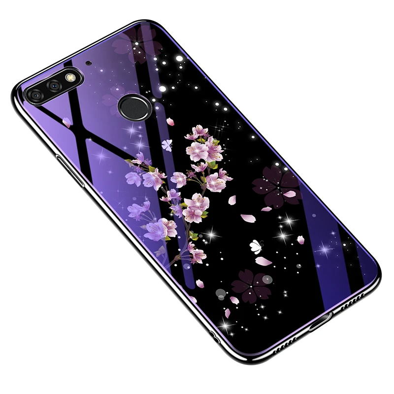 Peach blossom Чехол из закаленного стекла для телефона для huawei P20 Lite Pro Honor 7C 7X 7A 8 9 10 Lite чехол s Покрытие синий светильник роскошный стеклянный чехол Fundas - Цвет: Peach blossom