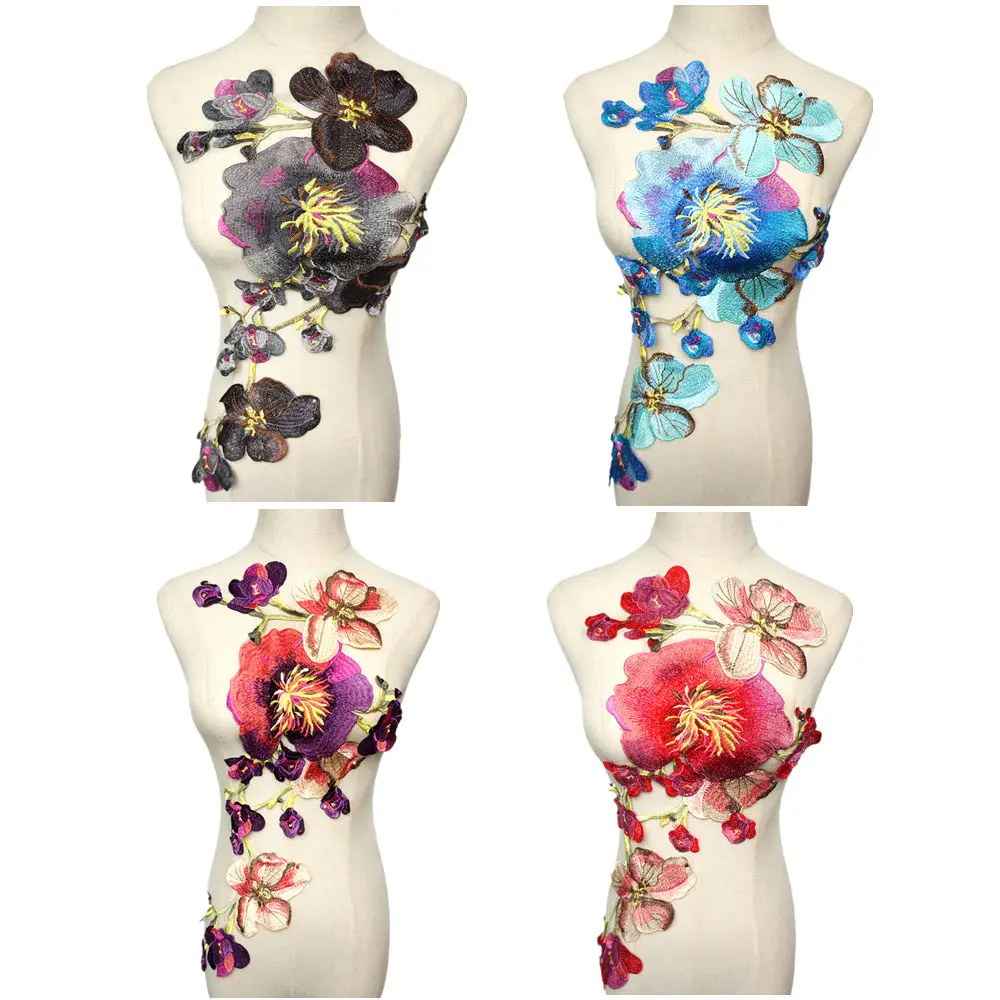 Вышитые красные синие серые фиолетовые цветы лепестковая ткань аппликация