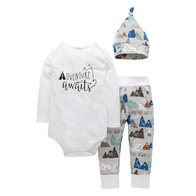 Newborn Baby Clothing Set Cotton Long Sleeve Adventure awaits  Romper + Cartoon Mountain  Pants Children's Boys Girls Clothing