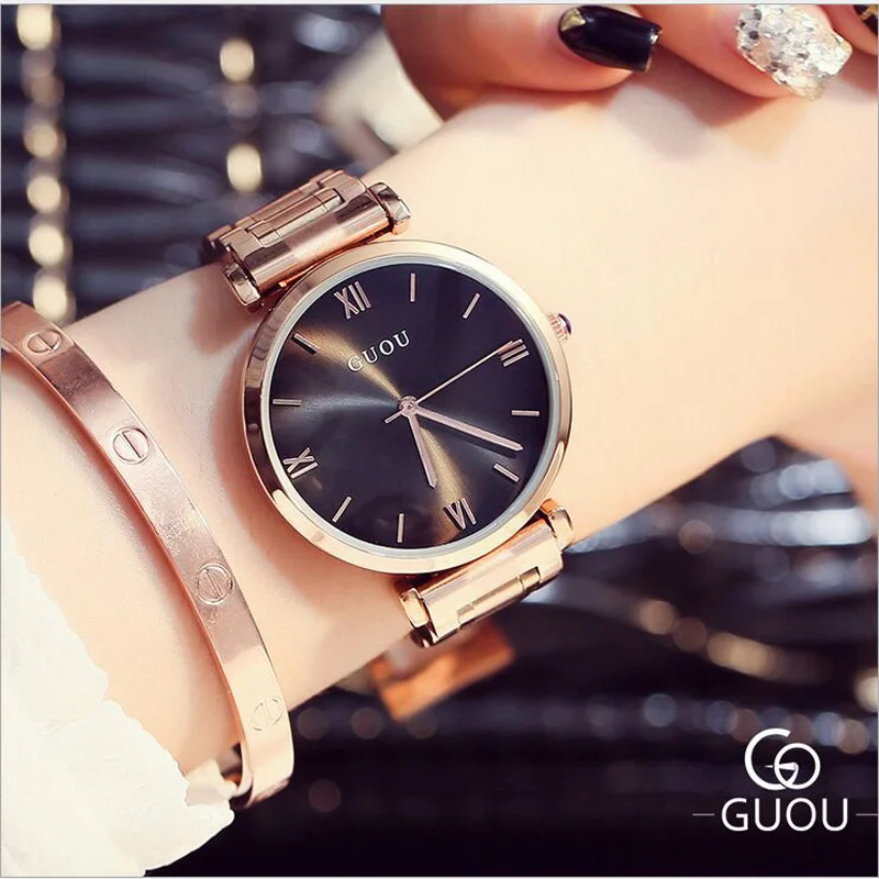 GUOU женские часы Reloj браслет женские часы розовое золото женские часы для женщин лучший бренд класса люкс relogio feminino подарок - Цвет: Черный