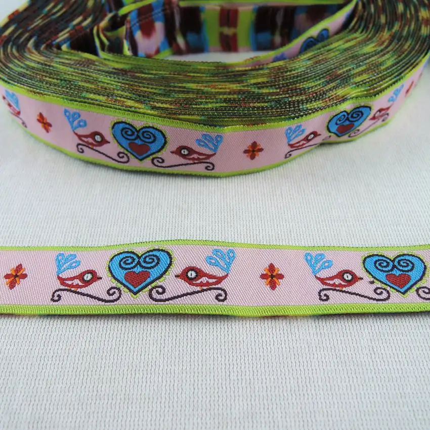 

NEW Birds Heart Woven Jacquard Ribbon Trim Wholesale dog chain accessories 5/8" 16mm 10Yards/lot CX19