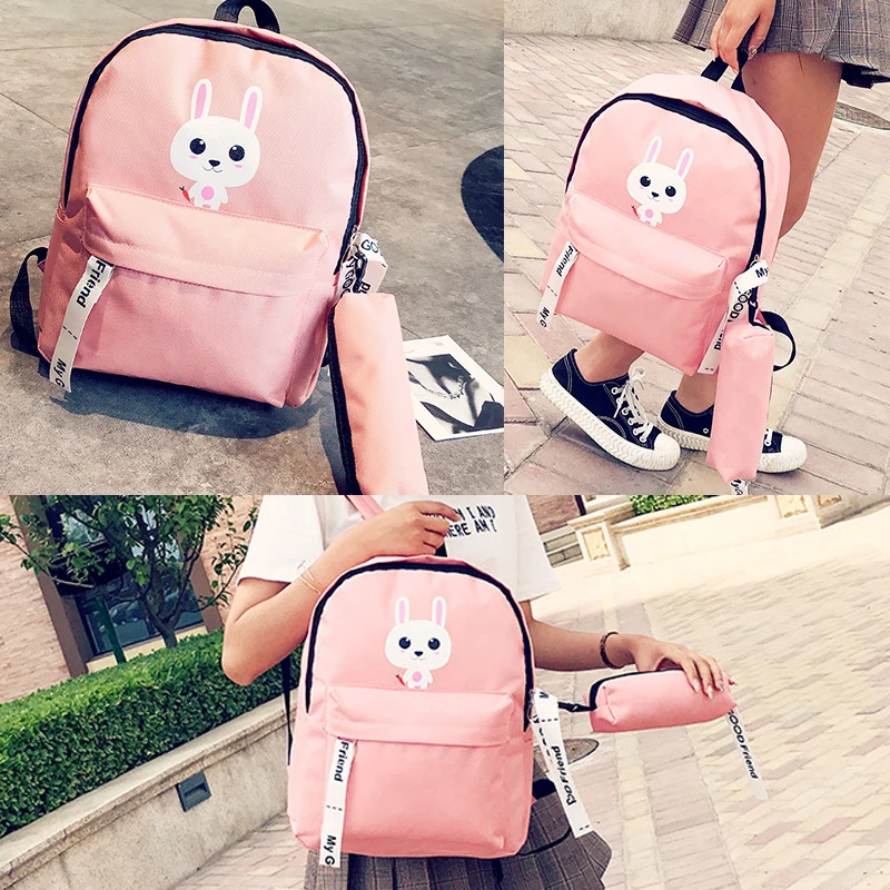 

2 Pcs Set Women Backpack Middle School Students Schoolbag Rabbit Pattern Backpack Casual Travel Backpack Mochilas 2021 KC-009